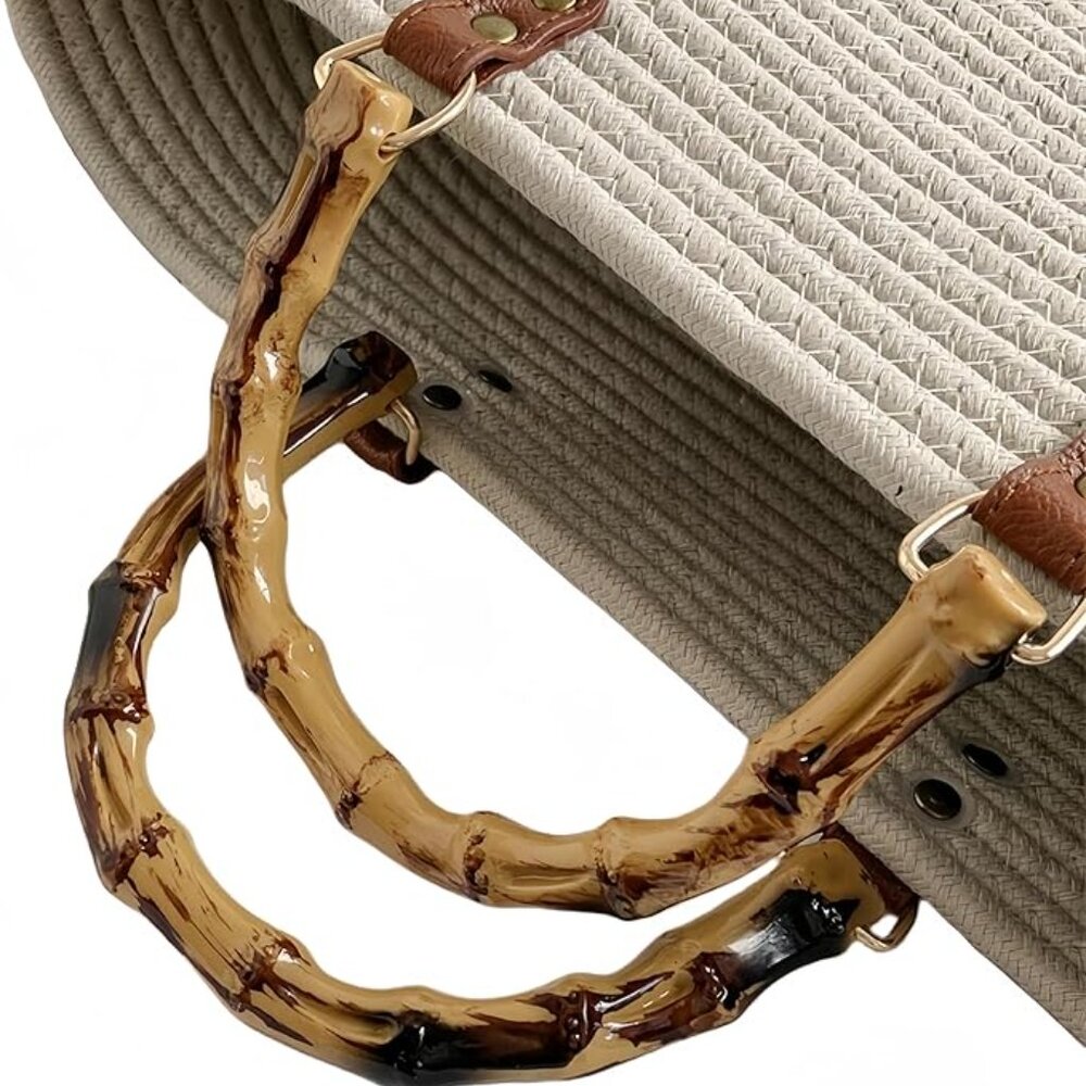 Neiman Marcus Beige & Black Resin Bamboo Handle Cotton Thread Tote Bag - Picture 5 of 6